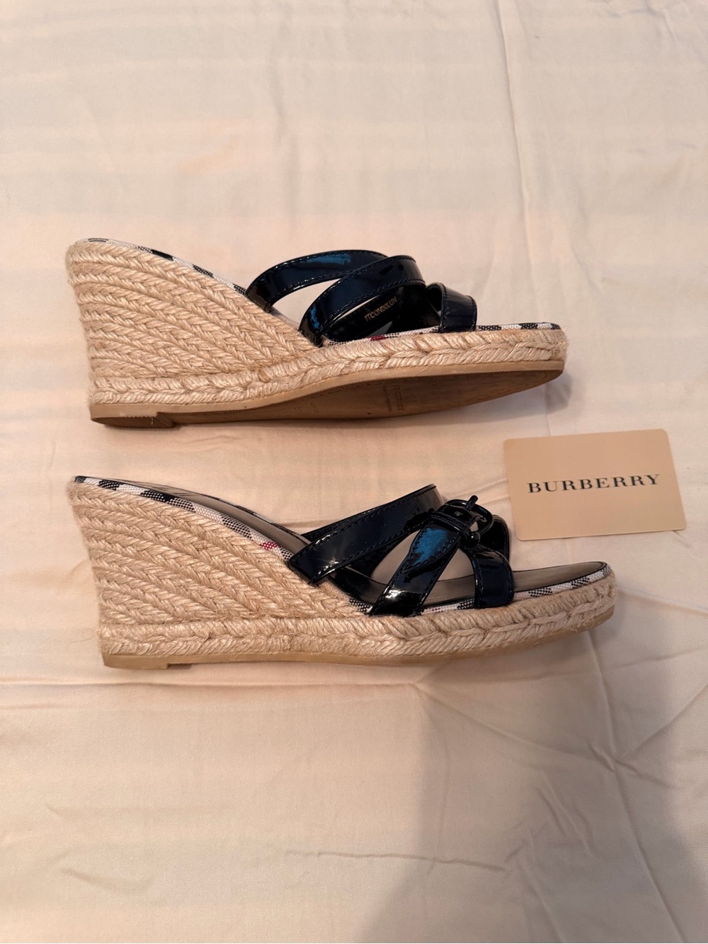 Burberry Black Patent Leather Nova Check Espadrille Wedge Sandals Size 39 / US 8